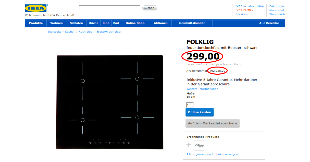 Στιγμιότυπο της σελίδας του προϊόντος FOLKLIG στον ιστότοπο του ΙΚΕΑ Γερμανίας, Ιανουάριος 2014. Η τιμή 299,00 και ο κωδικός του προϊόντος είναι κυκλωμένα με κόκκινο.
