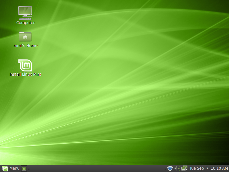 Linux Mint Debian Edition 201009 release artwork showing the live-CD desktop with installer icon.