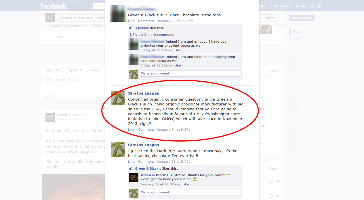 Screenshot of the Green & Black's Facebook page as seen from the author's own account, early February 2013. The author's question about funding the I-522 GMO labelling initiative, dated January 24, is visible and circled in red, above his earlier comment praising the Dark 70% chocolate and the brand's reply.