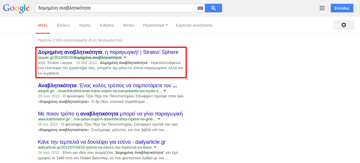 Στιγμιότυπο αναζήτησης Google για «δομημένη αναβλητικότητα», Ιούλιος 2014. Στην πρώτη θέση εμφανίζεται το άρθρο της laspas.gr για τη δομημένη αναβλητικότητα, επισημασμένο με κόκκινο πλαίσιο.