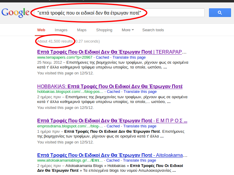 Στιγμιότυπο αναζήτησης Google για τη φράση «επτά τροφές που οι ειδικοί δεν θα έτρωγαν ποτέ», 5 Δεκεμβρίου 2012. Η φράση και ο αριθμός των αποτελεσμάτων, περίπου 41.500, είναι κυκλωμένα με κόκκινο. Τα πρώτα αποτελέσματα είναι αναδημοσιεύσεις με τον ίδιο τίτλο σε άλλους ιστοτόπους.