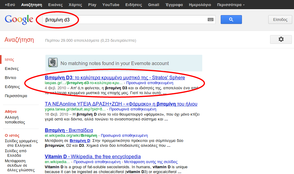 Screenshot of a Google search for "βιταμίνη d3" (vitamin d3), October 2012. The search term and the first result, the laspas.gr article on vitamin D3, are circled in red.