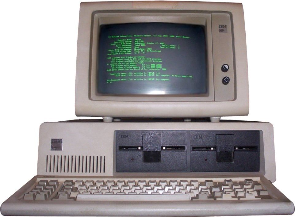 Ένας IBM PC με μονόχρωμη οθόνη που δείχνει πράσινο κείμενο.