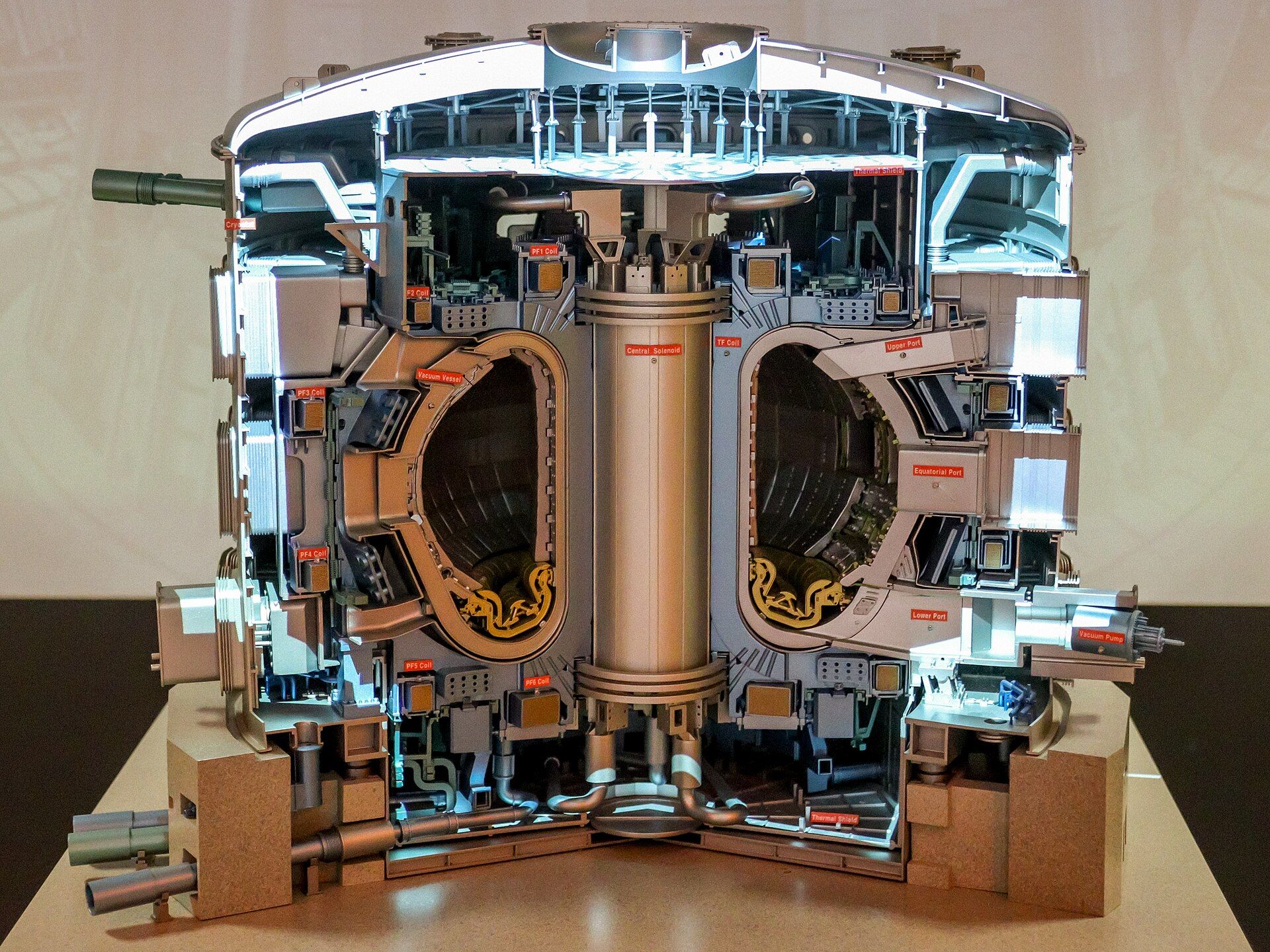 A cutaway scale model of the ITER tokamak.